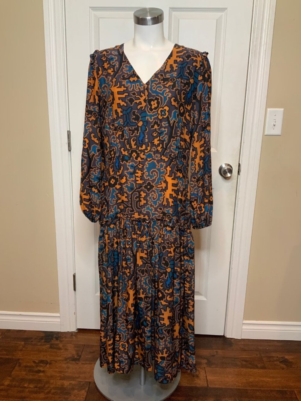 Charlotte Brody Purple Orange Silk Aztec Print Midi Dress, Size L